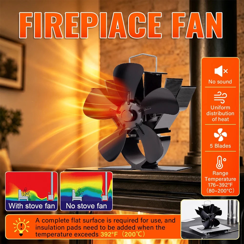 Mini Stove Fan Heat Powered Fireplace Fan Log Wood Burner Eco-fan Quiet 5 Blade Fireplace Fan Home Winter Warm Heat Distribution