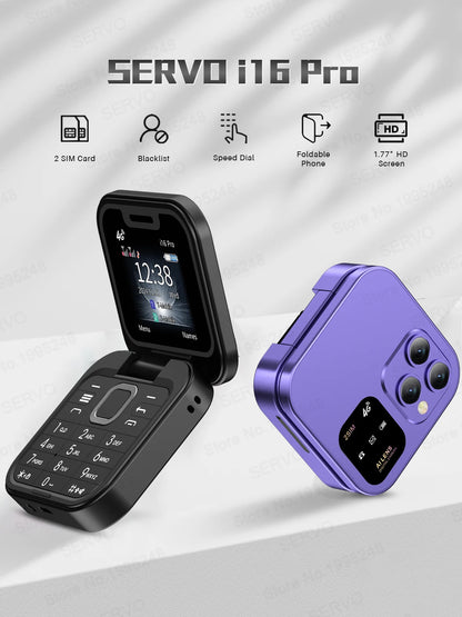 SERVO I16 PRO 4G LTE Mini Flip Mobile Phone Dual SIM Standby Call Recording Speed Dial FM Radio 1.77' Screen Foldable Cellphones