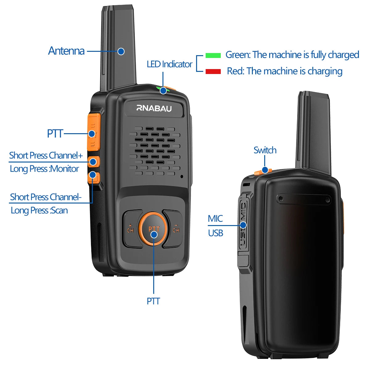 Mini Walkie Talkie RNABAU 16 Channels Professional MT-N1 UHF 400-470MHZ Match Baofeng Two Way Radio