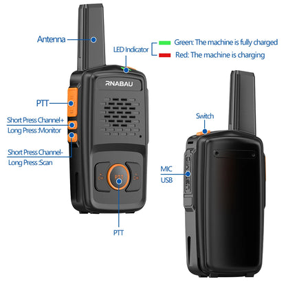 Mini Walkie Talkie RNABAU 16 Channels Professional MT-N1 UHF 400-470MHZ Match Baofeng Two Way Radio