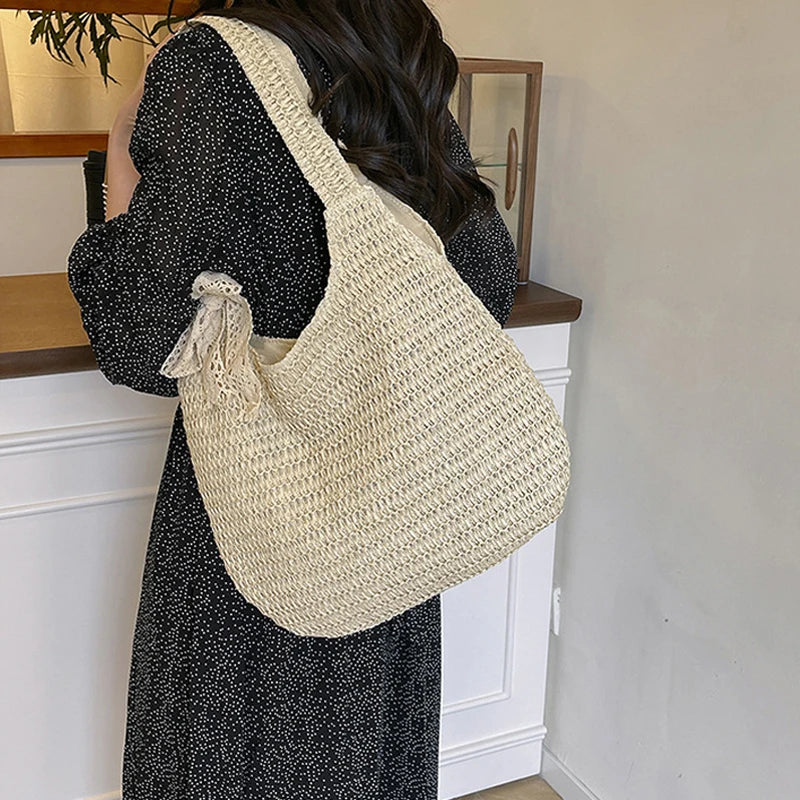 Fashion Rattan Women Shoulder Bags Woven Female Handbags Large Capacity Summer Beach Straw Bags Casual Tote Purses