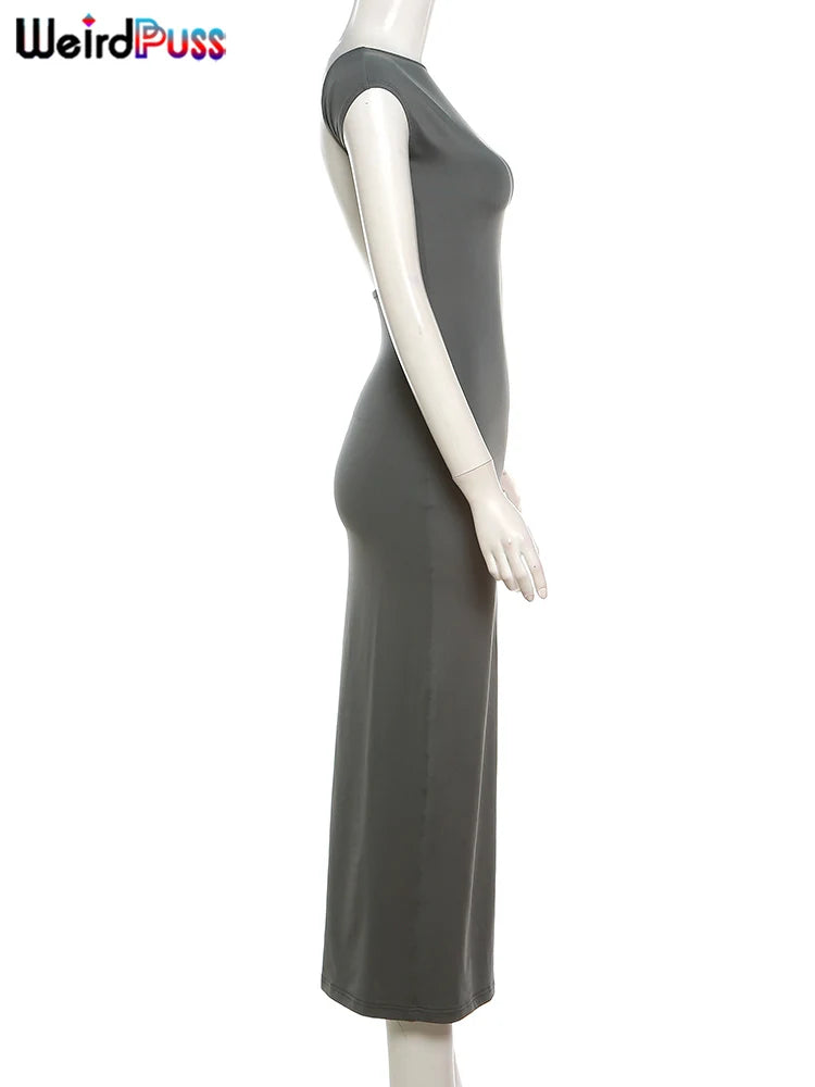 Weird Puss Backless Sexy Women Maxi Dress Short Sleeve Slim Fit Elastic Casual Solid Streetwear Club Party Ladies Summer Bodycon