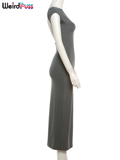 Weird Puss Backless Sexy Women Maxi Dress Short Sleeve Slim Fit Elastic Casual Solid Streetwear Club Party Ladies Summer Bodycon