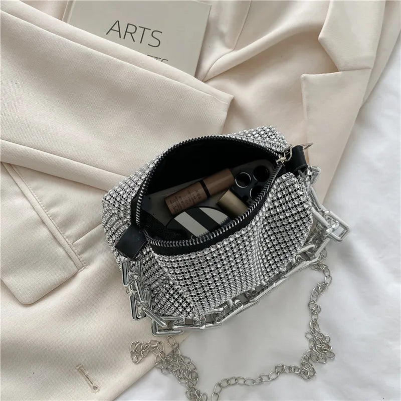 HOMEFISH Sparkling Rhinestone Bucket Bag, Chain Decor Party Clutch Purse, Female Mini Crossbody Bag