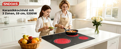 6000W Built-in Ceramic Hob, 4 Zone Induction Cooktop with Touch Control, 9 Power Levels, Timer & Child Lock, 60cm Black Glass
