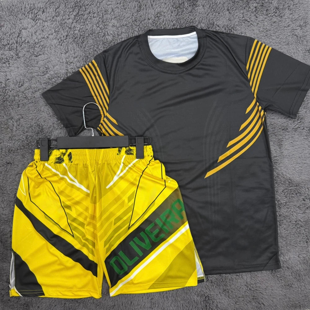 Summer Charles Oliveira MMA Yellow Edition Boxing Fighting Tee Shorts Men Quick-Dry Jersey Wrestling Running Sweat Absorbing Set