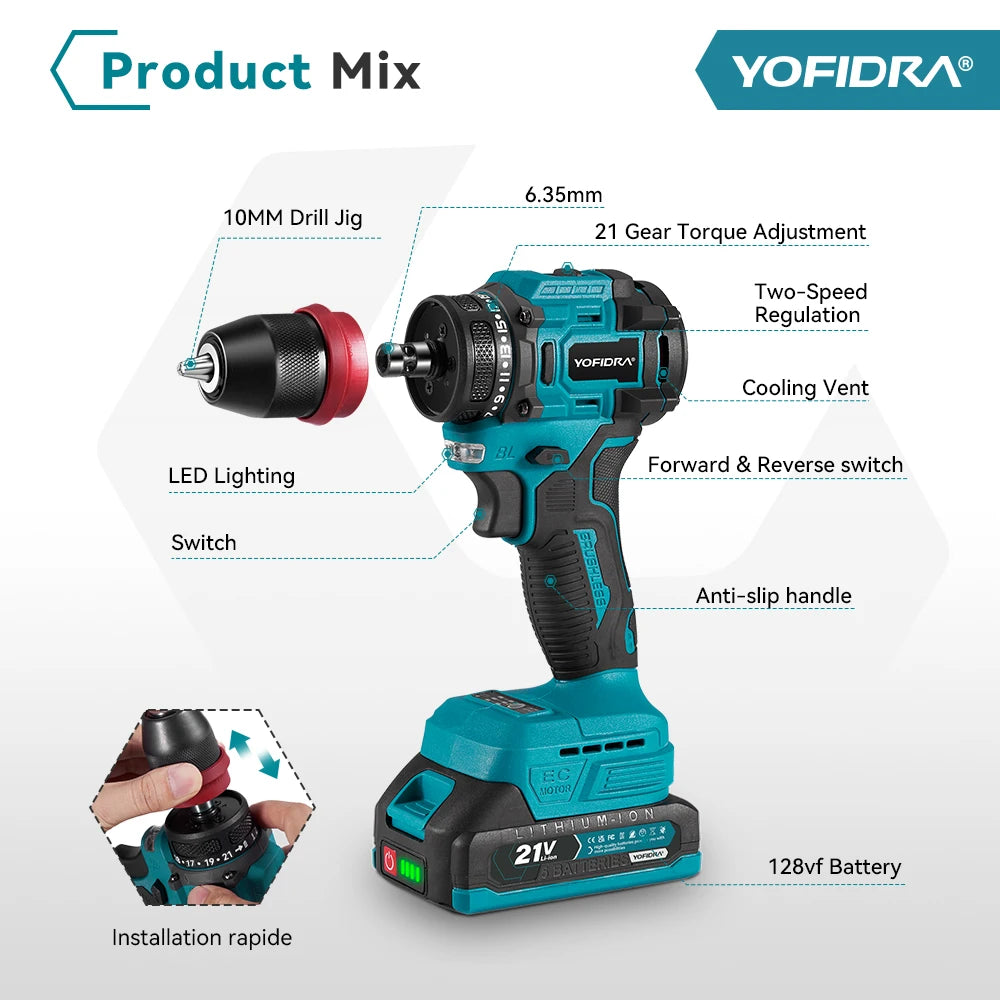 YOFIDRA 2 In 1 Brushless Electric Screwdriver Handheld Hexagonal Drill Screw Driver Home Power Tool Set For Makita Battery Pin