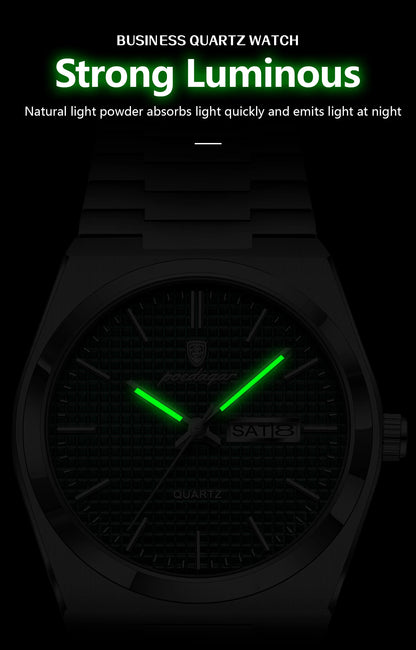 POEDAGAR Luxury Original Man Watch Waterproof Stainless Steel Luminous Men's Wristwatch Date Week Quartz Fashion Watches For Men