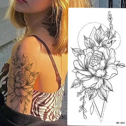 Waterproof Temporary Tattoo Sticker Flowers Roses Lilies Peonies Geometric Patterns Body Art Arm Fake Tattoos Sleeve Women Men