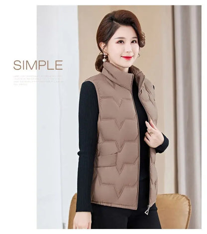 Fashion Women Down Cotton Jackets Vests Solid Stand Collar Zipper Cardigan Thicken Autumn Winter Warm Casual Sleeveless Coats