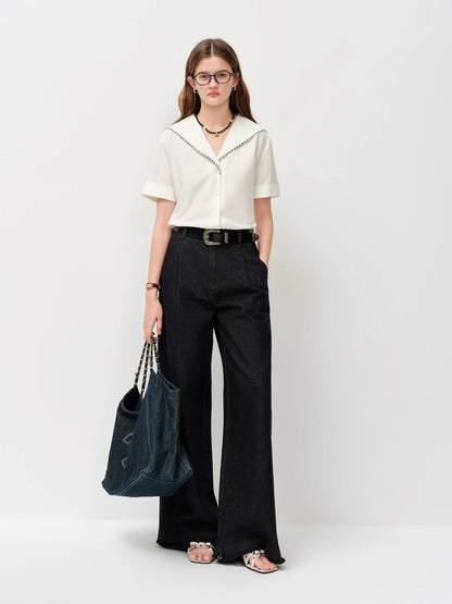 FSLE 2026 Summer Women's Sailor Collar Shell Embroidered Short Sleeve Shirt Preppy Button Down Blouse for Rebellious Prep Style