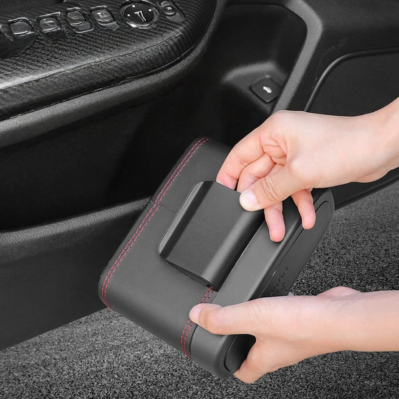 Multi-functional Car Press-down Storage Box PU Leather Vehicle Trash Can, Seat Back and Door Hanging Storage Box, Press-down