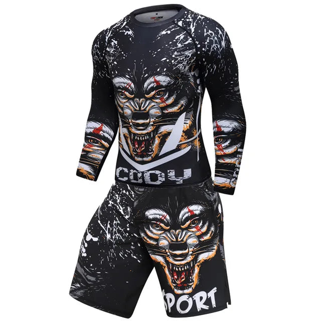 New Men Sports Jiu Jitsu BJJ Suit Gym Fitness Compression Clothes Running Jogging Sport Wear Exercise Workout Rashguard Tights