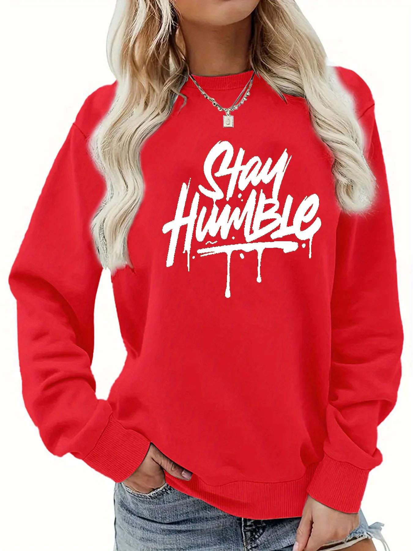 Women's autumn and winter casual fashion loose comfortable warm Stay Humble printed round neck long sleeved pullover