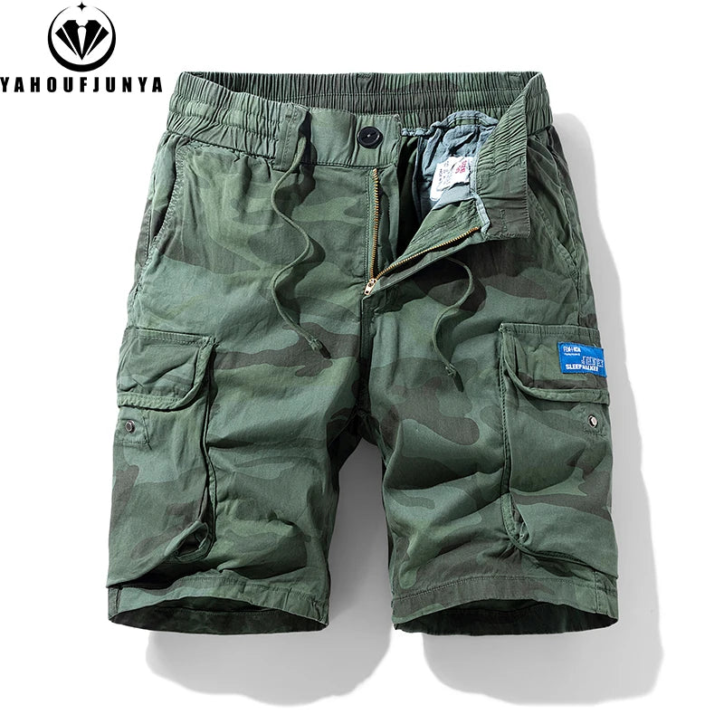 New Men Summer Outdoor Leisure Camouflage Comfortable Shorts Men Elastic Waist Loose Straight High-Quality Design Shorts Male