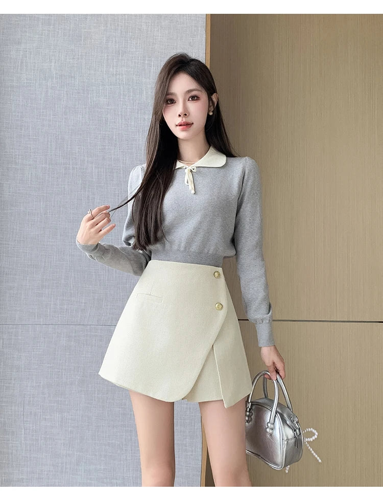 Autumn Winter Tweed Skirts Shorts Women Fashion Streetwear Cross Irregular Booty Shorts Pink Black Culottes Wide Leg Short Pants
