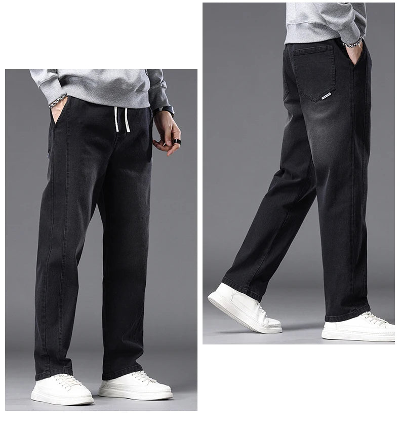 Autumn Winter Blue Jeans Men Drawstring Elastic Waist Cotton Cargo Denim Pants Work Fashion Thick Trousers Male Plus Size M-4XL