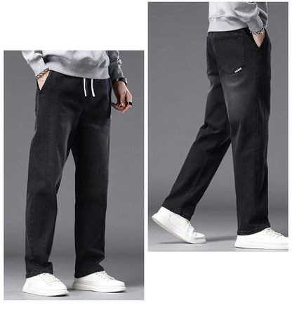 Autumn Winter Blue Jeans Men Drawstring Elastic Waist Cotton Cargo Denim Pants Work Fashion Thick Trousers Male Plus Size M-4XL
