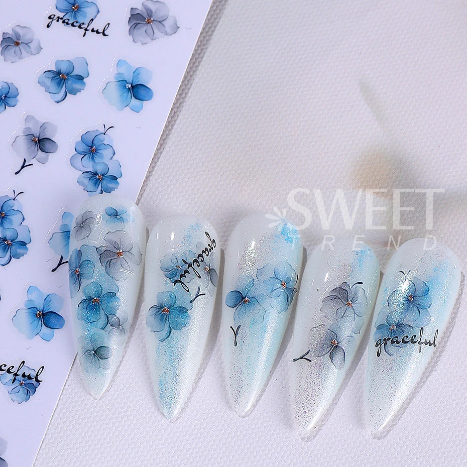 12pcs 3D Geometry Flower Leaf Nail Stickers Summer Ink Blooming Flowers Decal Slider for Nail Art Supplies Manicure Decoration