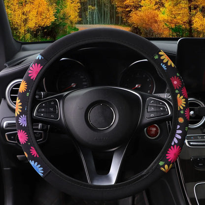 Women's 38CM Steering Wheel Cover Cherry Blossom  Chrysanthemum Check Spider Web Design Printed Car Accessory without Inner Ring