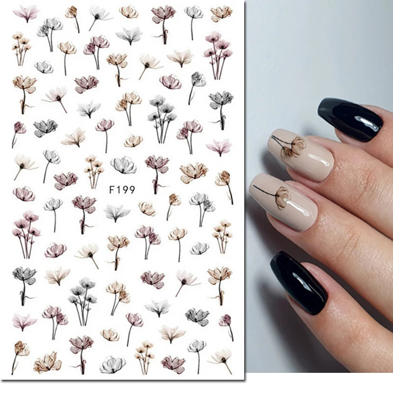 3d Nail Art Decals Watercolor Florals Purple Green Pink Flowers Leafs Fruit Adhesive Sliders Nail Stickers For Manicure
