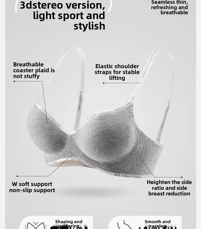 6cm Thickened Push-Up Bra for Small Chest Wireless No Steel Ring Letter Print Adjustable Straps Anti-Slip Pads Seamless Lingerie