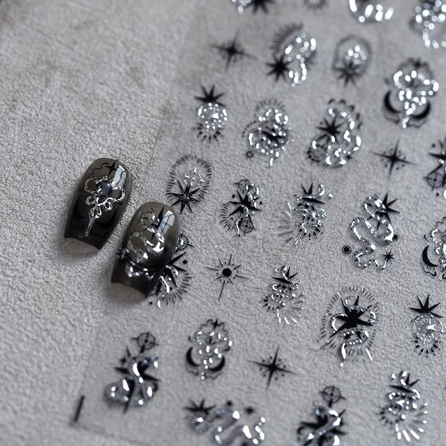5D Gold Stamped Silver Sun Stars Snake Nail Art Stickers Totems Reliefs Self Adhesive Dark Chinese Style Manicure Decals