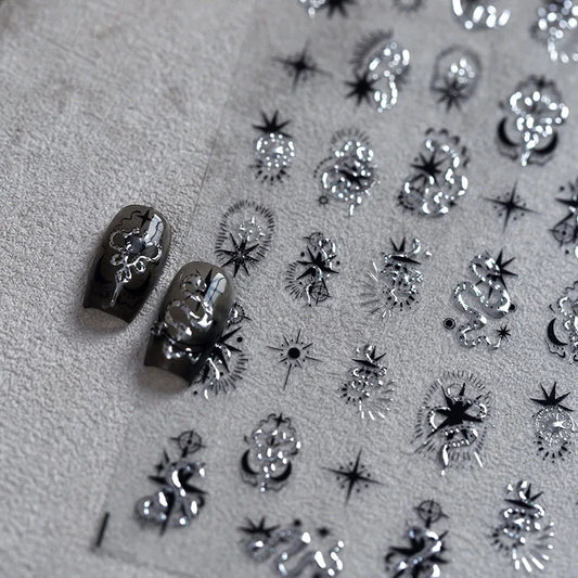 5D Gold Stamped Silver Sun Stars Snake Nail Art Stickers Totems Reliefs Self Adhesive Dark Chinese Style Manicure Decals