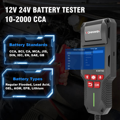 KONNWEI KW700 12/24V Car Truck Battery Tester 10-2000CCA With Printer Cranking Charging Test Tool Battery Analyzer Cranking Test