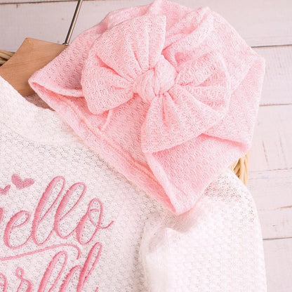 "Hello" Embroidery Newborn Photography Props Infant Romper Jumpsuit with Bow Hat Baby Coming Home Outfit Baby Photo Gift-HD
