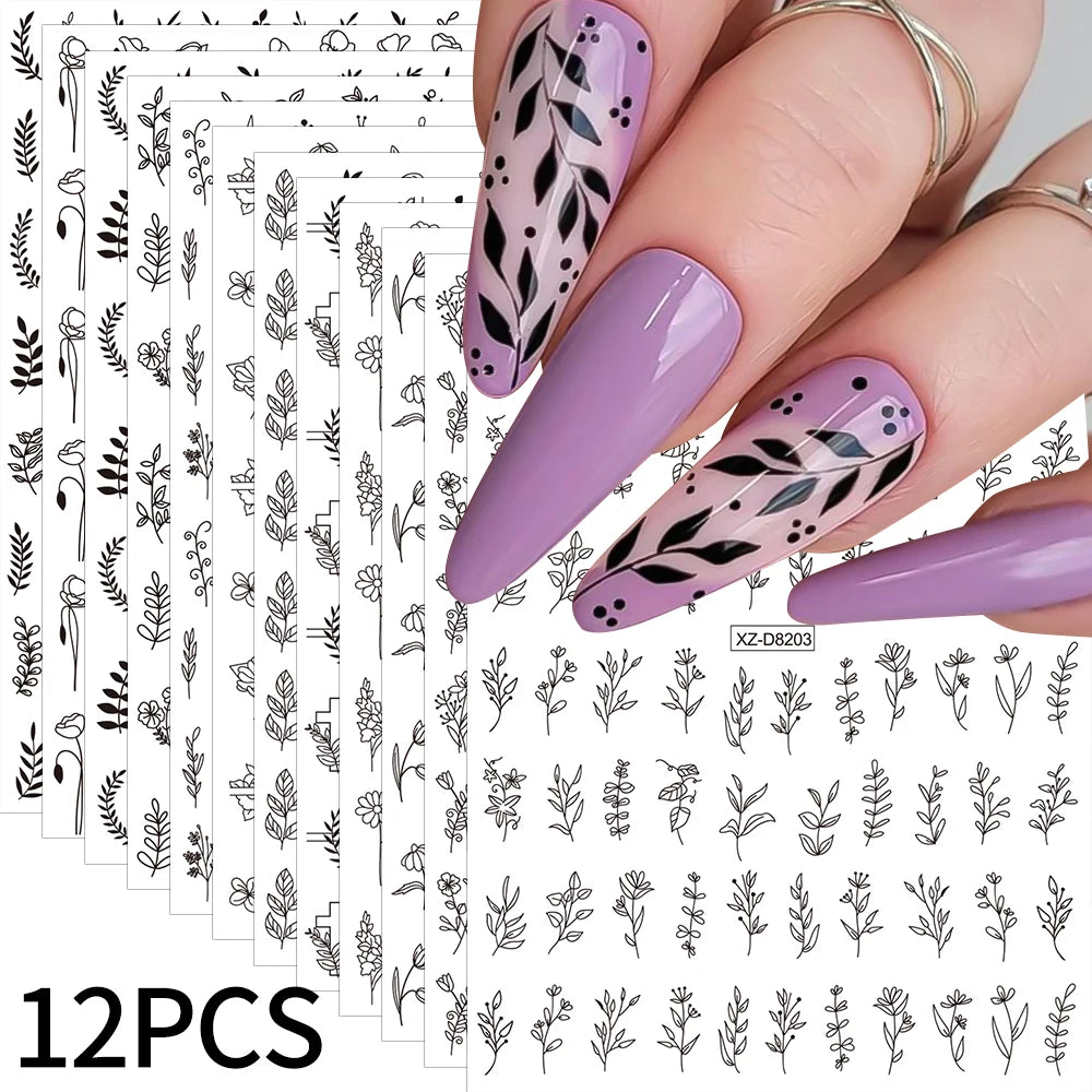 12Pcs 3D Gold Exquisite Flower Leaf Nail Art Stickers Metallic Floral Leaves Self-Adhesive Nail Decals DIY Retro Manicure Decor