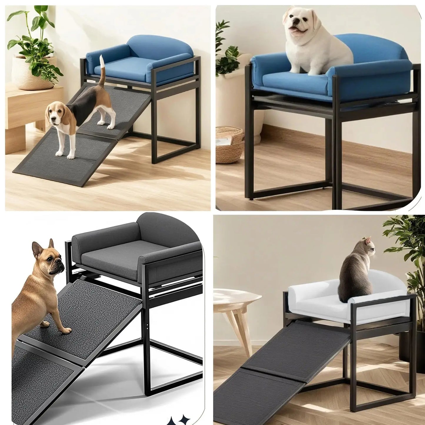 ZMaker 2026 Customizable Metal Frame Elevated Dog Bed with Ramp Non Slip Foldable Dog Stairs Ramps with Seat Cushion