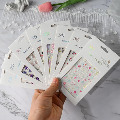5D Pink Blue Floral Nail Art Stickers Petals Leaf Plant Embossed Nail Decals Spring Summer Flower Design for DIY Nail Supplies