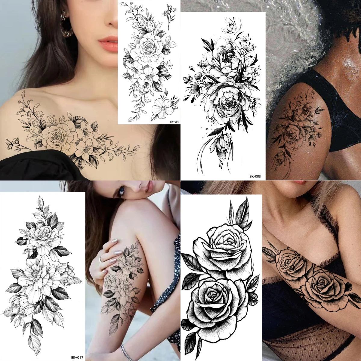 Waterproof Temporary Tattoo Sticker Flowers Roses Lilies Peonies Geometric Patterns Body Art Arm Fake Tattoos Sleeve Women Men