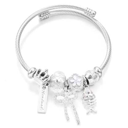New Trendy Rhinestones Dragonfly Crystal Beaded Pendant Bracelet Stainless Steel 4 Colors Closure Bangles Women Bracelet Jewelry
