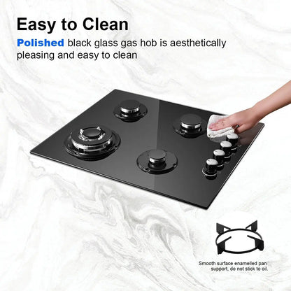 Tieasy 4 Burner 60cm Kitchen Built in Cooktop Tempered Glass NG/LPG Gas Hob YYUKGCT-B04