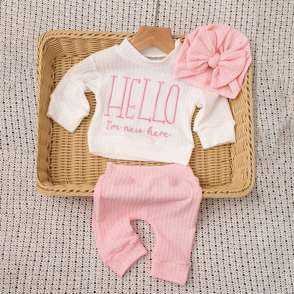 "Hello" Embroidery Newborn Photography Props Infant Romper Jumpsuit with Bow Hat Baby Coming Home Outfit Baby Photo Gift-HD