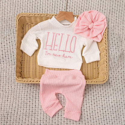 "Hello" Embroidery Newborn Photography Props Infant Romper Jumpsuit with Bow Hat Baby Coming Home Outfit Baby Photo Gift-HD
