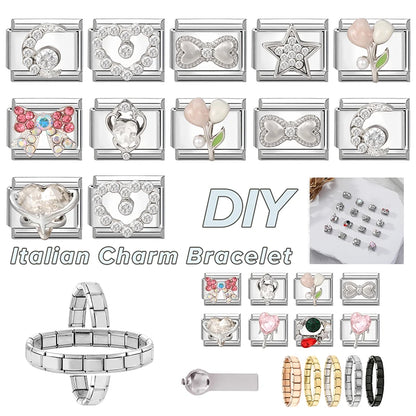 Zircon Pearl Heart Bow Candy Flower Butterfly Italian Charm Links Fit 9mm Stainless Steel Bracelet Personalized DIY Making Gifts