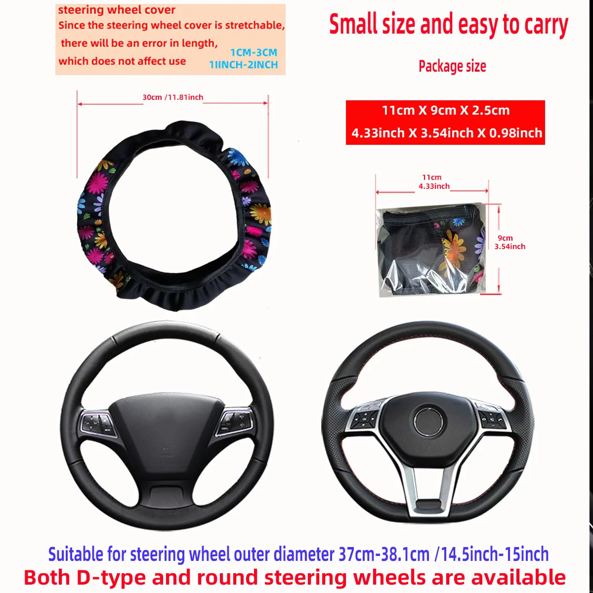 Women's 38CM Steering Wheel Cover Cherry Blossom  Chrysanthemum Check Spider Web Design Printed Car Accessory without Inner Ring