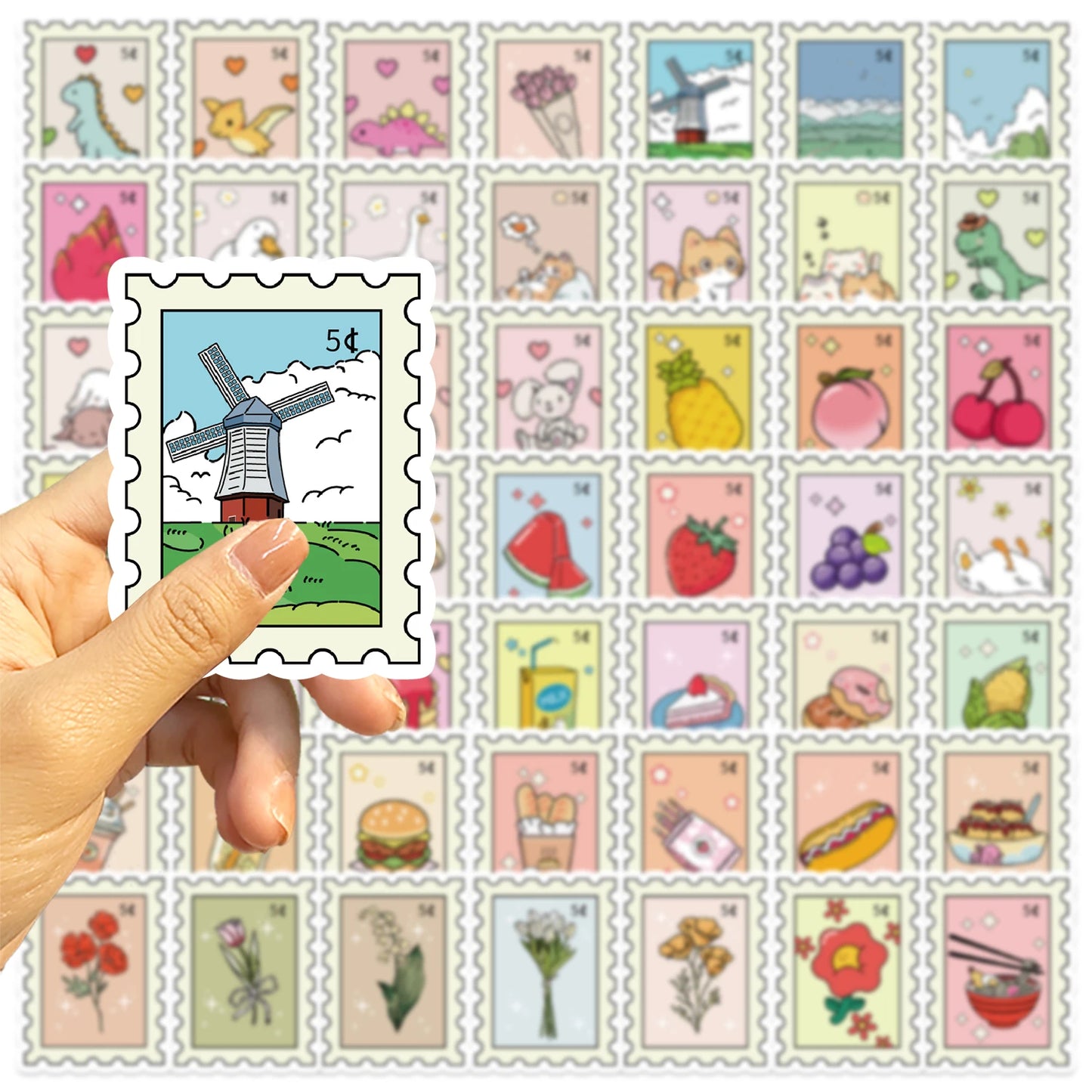 50pcs Small Fresh Stamp Art Stickers Aesthetic Phone Bike Wall Scrapbook Motorcycle Waterproof Cartoon Sticker For Toys Gifts