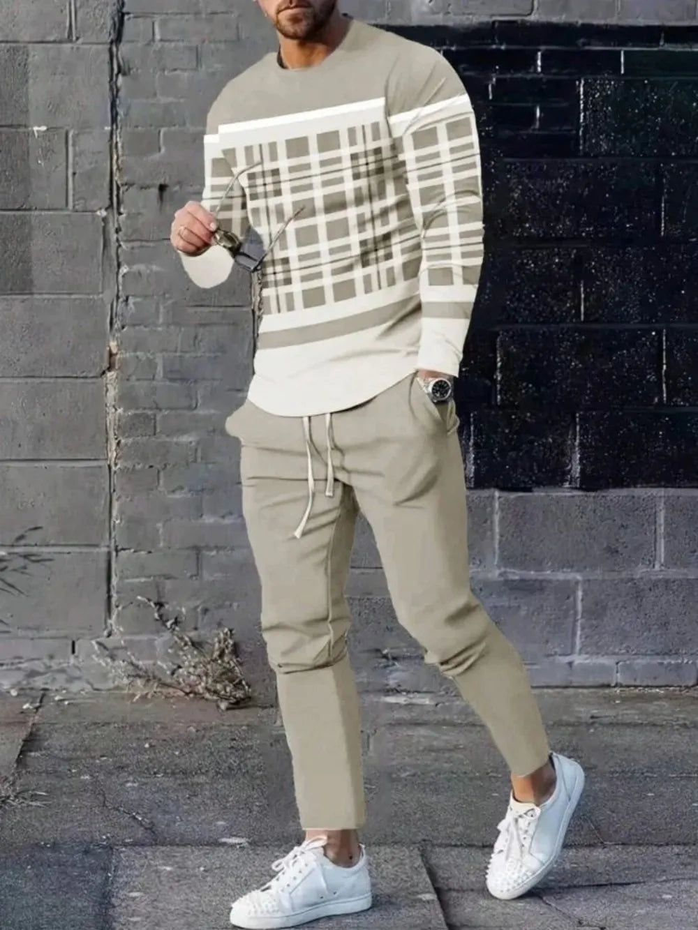Fashionable summer men's striped patchwork print breathable round neck long sleeved pants set outdoor casual wear