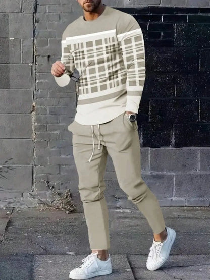 Fashionable summer men's striped patchwork print breathable round neck long sleeved pants set outdoor casual wear