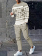 Fashionable summer men's striped patchwork print breathable round neck long sleeved pants set outdoor casual wear