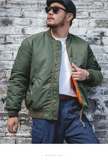 Maden Vintage MA1 Pilot Jacket Green Thickened Cotton-padded Jacket Casual Baseball Pockets Flight Zipper Outwear for Men's Fall