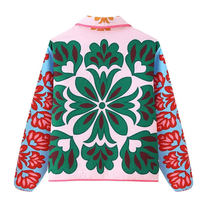 Women's Fashion Print Panelled Quilted Cotton Jacket Long Sleeve Pocket Cardigan Coat 2025 Autumn Winter Daily Casual Outerwear