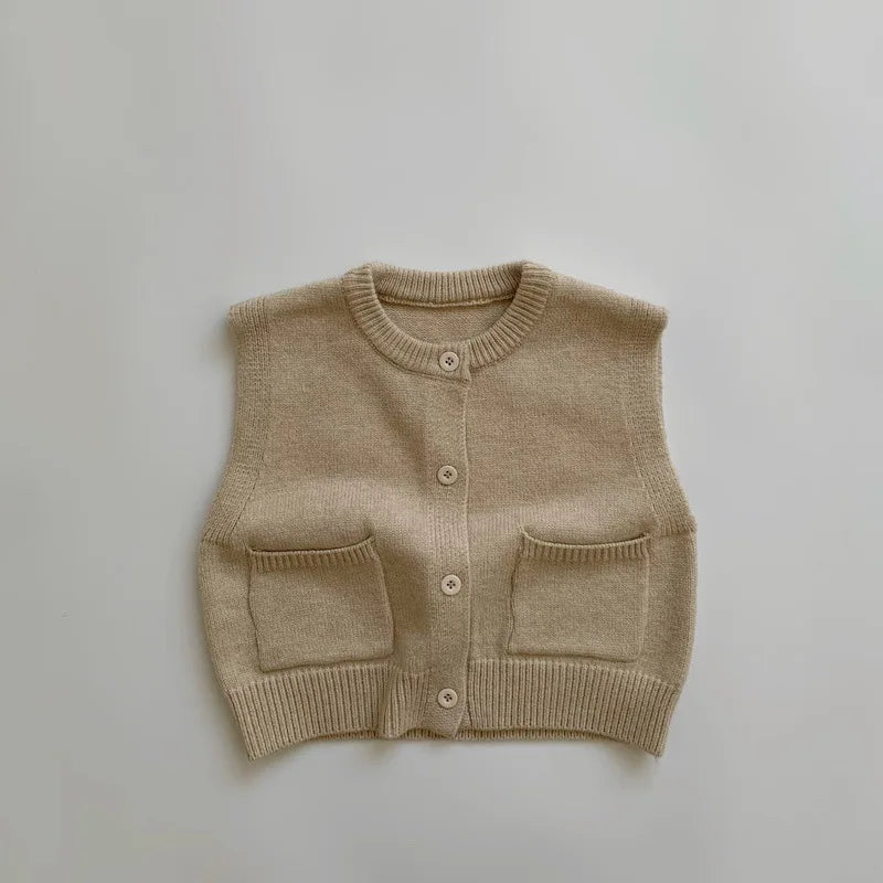 Children's Coat Autumn Children's Minimalist Pocket Sweater Kids Boys Girls Solid Color Cardigan Round Neck Vest Knitted Sweater