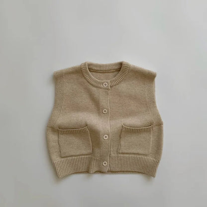 Children's Coat Autumn Children's Minimalist Pocket Sweater Kids Boys Girls Solid Color Cardigan Round Neck Vest Knitted Sweater
