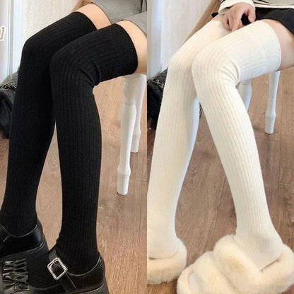 Cashmere Knitted Knee High Socks Women's Solid Soft Long Wool Socks Casual Fluffy Warm Stocking Skinny Thicken Thigh High Socks