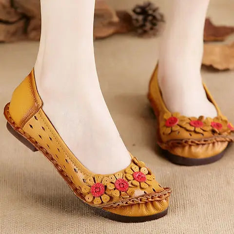 Vintage Flower Moccasins Woman Genuine Leather Ballet Flats Ladies Hollow Slip Ons Women's Luxury Loafer Purple Walking Shoes 42